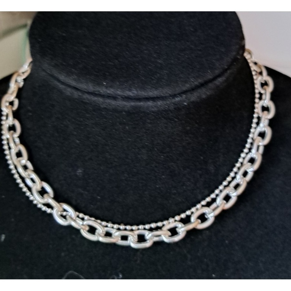 Fashion Jewelry Silver Tone Metal Chain Necklace Choker Two Strands